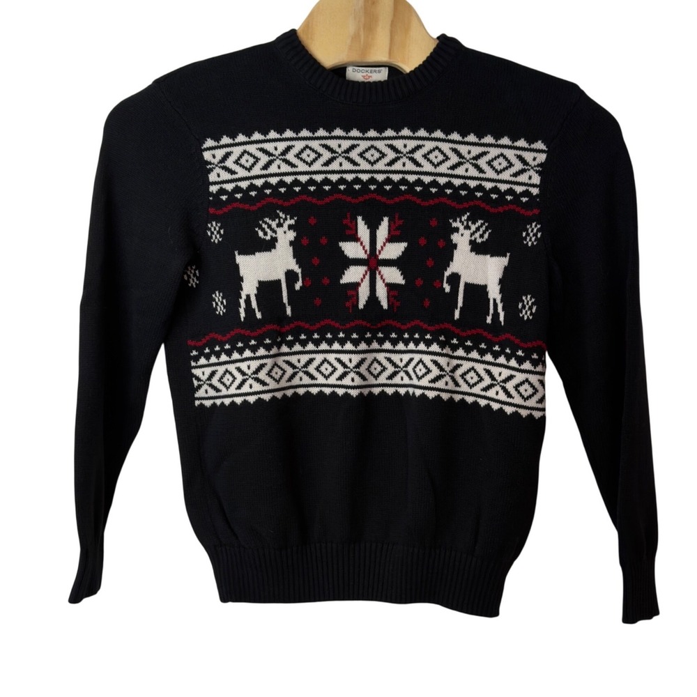 Dockers Mens Knit Fair Isle Winter Crewneck Sweater Size M Snowflake Lodge Cabin